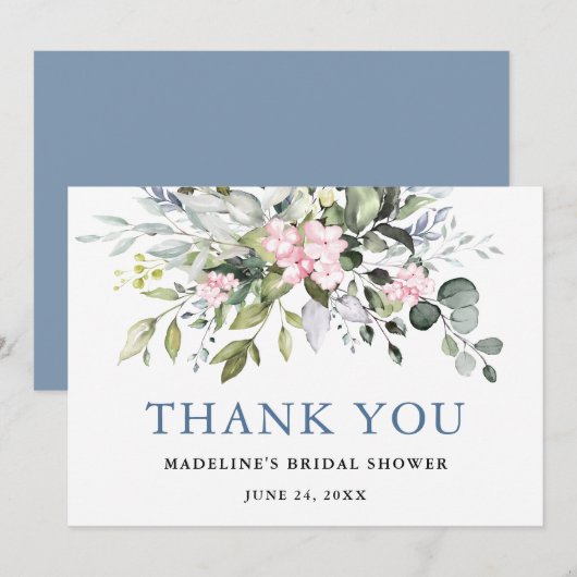 Carte De Remerciements Aquarelle Verdure rose Dusty Fête des mariées bleu (Devant / Derrière)