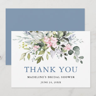 Carte De Remerciements Aquarelle Verdure rose Dusty Fête des mariées bleu