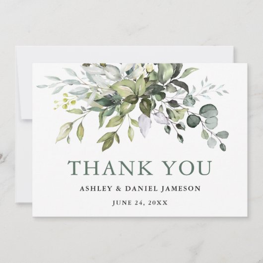Carte De Remerciements Aquarelle Verdure Sage Vert Mariage (Devant)