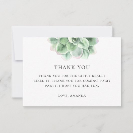 Carte De Remerciements Aquarelle vert succulent. Anniversaire floral de c (Devant)