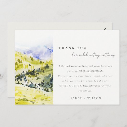 Carte De Remerciements Aquarelle verte Jaune Campagne Hills Mariage (Devant / Derrière)