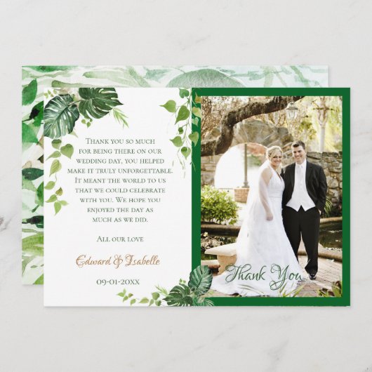 Carte De Remerciements Aquarelle verte tropicale Monstera Feuille Mariage (Devant / Derrière)