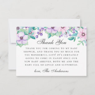 Carte De Remerciements Aquarelle violet rose jardin fleuri baby shower