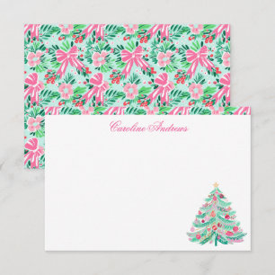 Carte De Remerciements Arbre de Noël Preppy Pink & Green Palm Beach