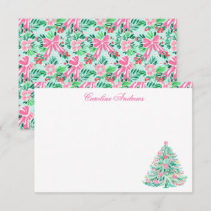 Carte De Remerciements Arbre de Noël Preppy Pink & Green Palm Beach