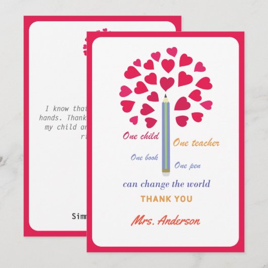 Carte De Remerciements Arbre grand crayon / Appréciation de l'enseignant (Devant / Derrière)