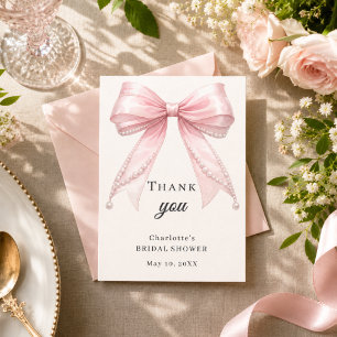 Carte De Remerciements Arc en soie rose et perles ivoire élégant pour une