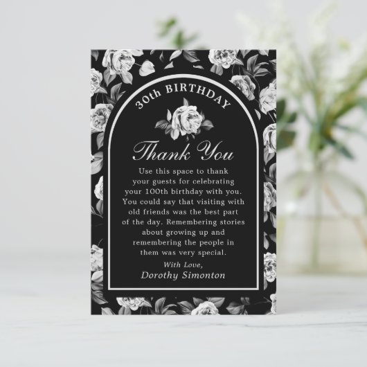 Carte De Remerciements Arc floral noir blanc Rose 30e anniversaire (Debout devant)