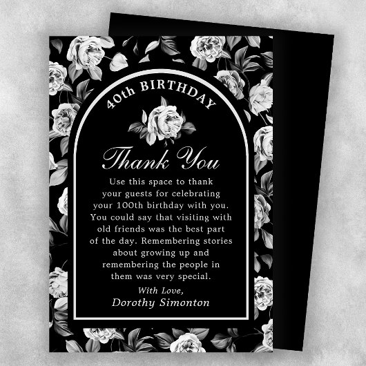 Carte De Remerciements Arc floral noir blanc Rose 40e anniversaire
