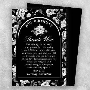 Carte De Remerciements Arc floral noir blanc Rose 80e anniversaire