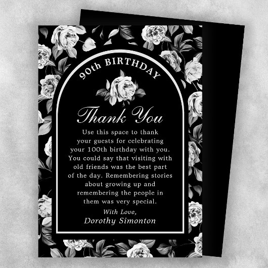 Carte De Remerciements Arc floral noir blanc Rose 90e anniversaire