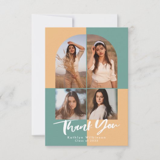 Carte De Remerciements Arc moderne vert Peachy Jaune 4 Photo Graduation (Devant)
