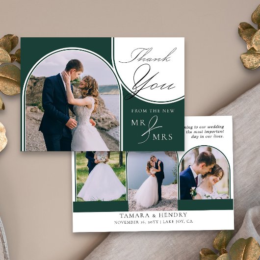 Carte De Remerciements Arch Multi Photo Élégante Calligraphie Emerald Gre