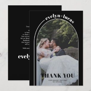 Carte De Remerciements Arche blanche et typographie noir photo mariage