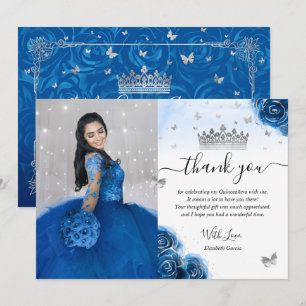 Carte De Remerciements Argent et bleu royal Quinceañera photo d'anniversa
