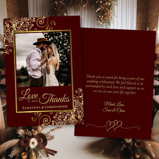 Carte De Remerciements Auburn & Gold Love & Thanks Photo & Note Mariage