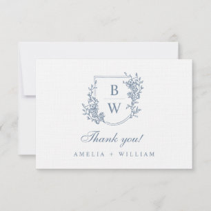 Carte De Remerciements [AURORA] Mariage de monogramme de crête bleue Vint
