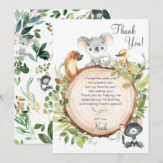 Carte De Remerciements Australian Animaux mignonette Koala 1er anniversai (Devant / Derrière)