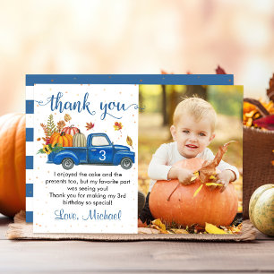 Carte De Remerciements Automne Citrouille Feuilles Bleu Camion Anniversai