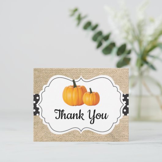 Carte De Remerciements Automne Citrouille Orange Noir et Blanc Burlap (Debout devant)