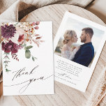 Carte De Remerciements Automne Romance Élégant Floral Mariage Photo<br><div class="desc">Ce carte de remerciements mariage présente un bouquet de fleurs d'aquarelle de dahlia, rose de jardin, et hydrangée en rouge bordeaux, marron, rose roux sur les feuilles d'automne avec une photo sur le dos. Pour une personnalisation plus avancée de cette conception, cliquez sur le BOUTON OUTIL DESIGN BLEU. Des articles...</div>