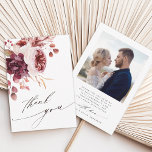 Carte De Remerciements Automne Romance Élégant Floral Mariage Photo<br><div class="desc">Ce carte de remerciements mariage présente un bouquet de fleurs d'aquarelle de dahlia, rose de jardin, et hydrangée en rouge bordeaux, marron, rose roux sur les feuilles d'automne avec une photo sur le dos. Pour une personnalisation plus avancée de cette conception, cliquez sur le BOUTON OUTIL DESIGN BLEU. Des articles...</div>