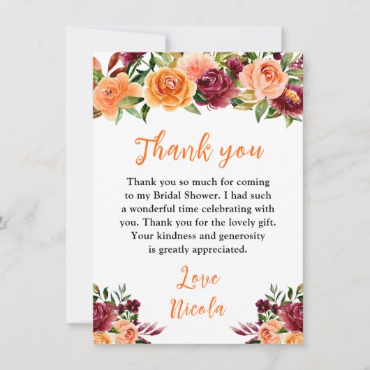 Carte De Remerciements Autumn Burgundy and Orange Floral Bridal Shower (Devant)