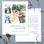 Carte De Remerciements Avec l'amour et la Gratitude Photo, Mariage bleu<br><div class="desc">Merci à vos invités avec cet élégant et moderne collage mariage carte de remerciements trois photos! Design blanc et bleu propre et simple avec l'expression "avec notre amour et notre gratitude" dans un mélange de typographie moderne bloc et de calligraphie manuscrite moderne. Retournez avec la zone pour votre message et...</div>