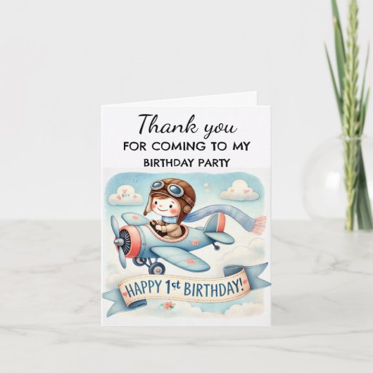 Carte De Remerciements Avion 1er Anniversaire Fête Boy Cute (Devant)