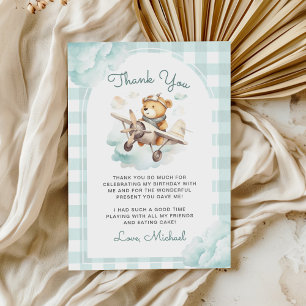 Carte De Remerciements Avion Teddy Bear Pastel En vichy 1er anniversaire