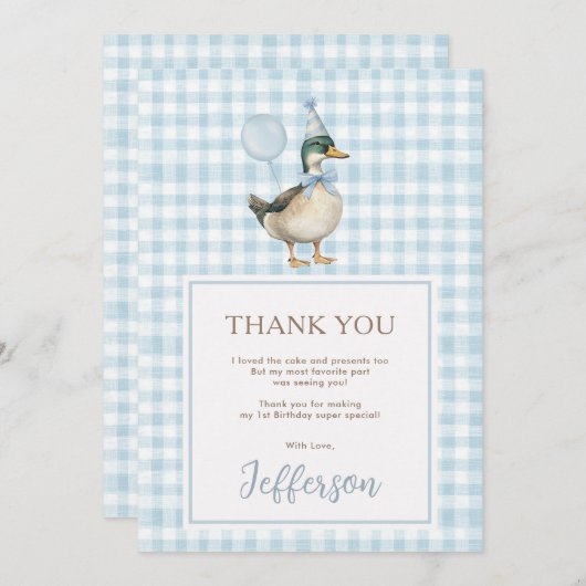 Carte De Remerciements Baby Blue One Lucky Duck 1er anniversaire (Devant / Derrière)