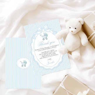 Carte De Remerciements Baby Blue Stroller Bow Boy Shower
