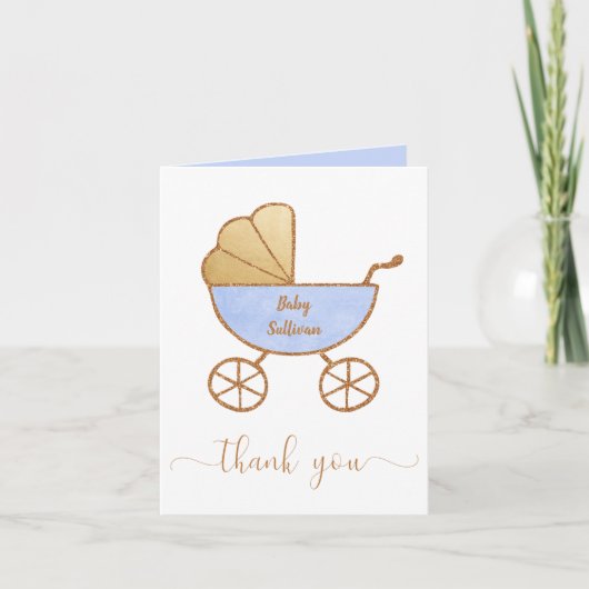 Carte De Remerciements Baby Boy Douche Retro Carriage Blue Gold (Devant)