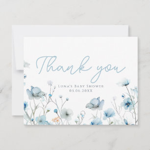 Carte De Remerciements Baby In Bloom bleu fleur sauvage Baby shower garço