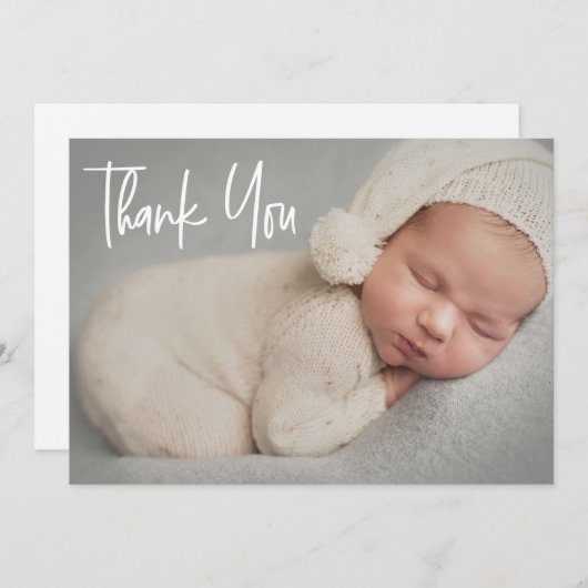 Carte De Remerciements Baby Photo Modern Handlettering script Birth (Devant / Derrière)