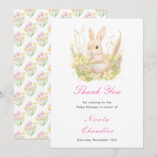 Carte De Remerciements Baby shower à lapin de printemps (Devant / Derrière)