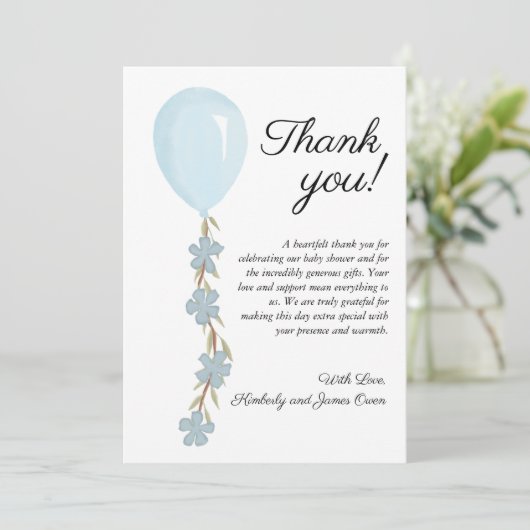 Carte De Remerciements Baby Shower au Ballon Bleu Mignon (Debout devant)