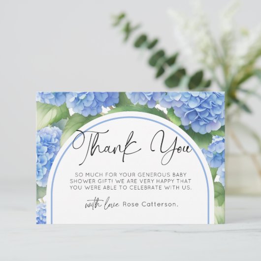 Carte De Remerciements Baby shower aux fleurs bleues d'Hydrangea (Debout devant)