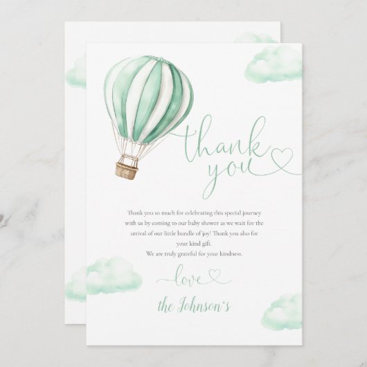 Carte De Remerciements Baby shower Ballons à air chaud vert mignon (Devant / Derrière)