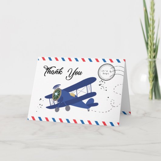 Carte De Remerciements Baby shower bleu avion vintage (Devant)