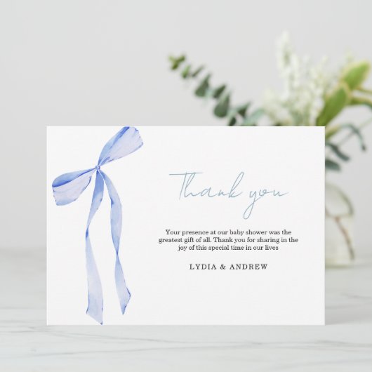 Carte De Remerciements Baby shower Bleu Bow Invitation, Baby shower garço (Debout devant)