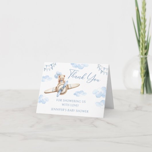 Carte De Remerciements Baby shower Bleu de l'avion mou Teddy Bear Bow (Devant)