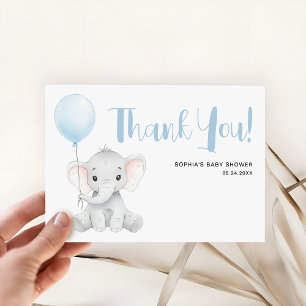 Carte De Remerciements Baby shower bleu doux moderne Eléphant mou