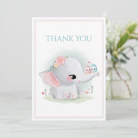 Carte De Remerciements Baby shower bleu rose jote Elephant (Debout devant)