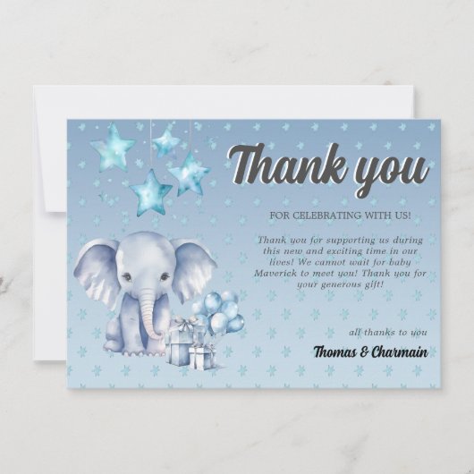 Carte De Remerciements Baby shower Blue Elephant & Balloon (Devant)