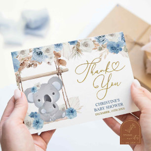 Carte De Remerciements Baby-Shower Bohème Koala Bleu Poussiéreux