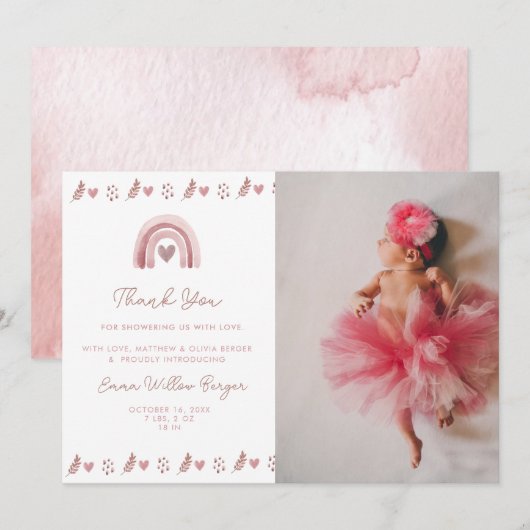 Carte De Remerciements Baby shower Boho rose aquarelle (Devant / Derrière)
