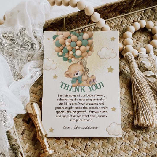 Carte De Remerciements Baby shower Brown vert Teddy Bear