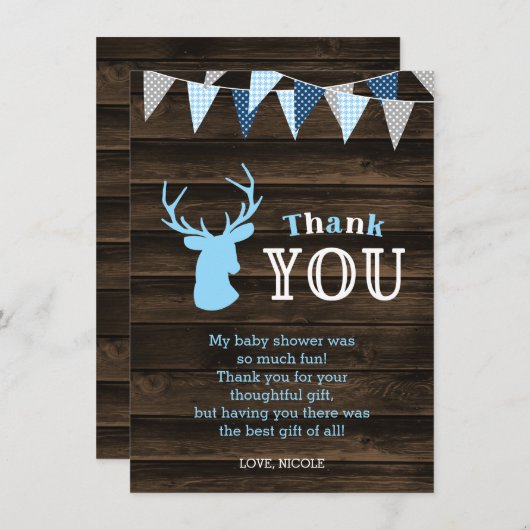 Carte De Remerciements Baby Shower Cerf Bleu Bois Rustique (Devant / Derrière)
