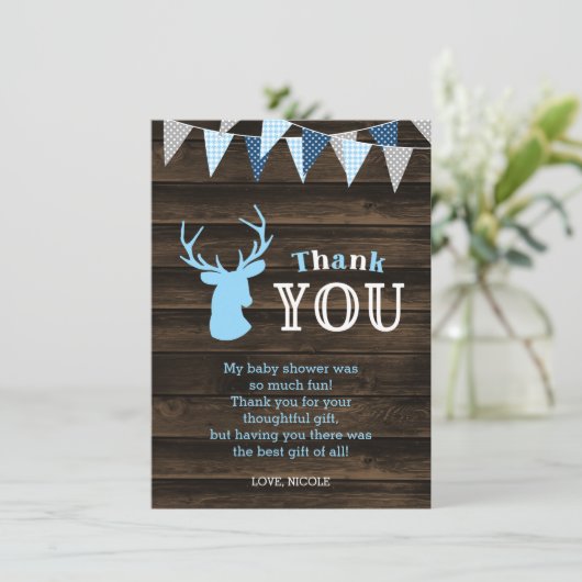 Carte De Remerciements Baby Shower Cerf Bleu Bois Rustique (Debout devant)
